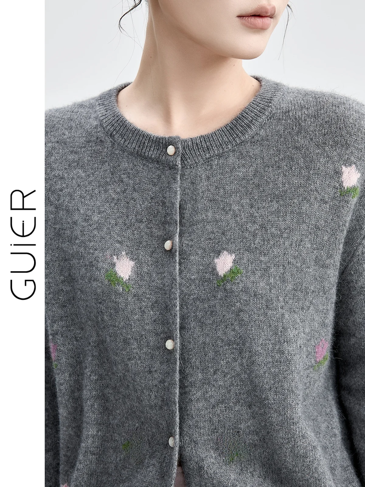 

Guier Embroidered Knitted Cardigan Women's round Ne Long Sve Casual Sle Floral Pattern Autumn New Arrival Anti-Aging