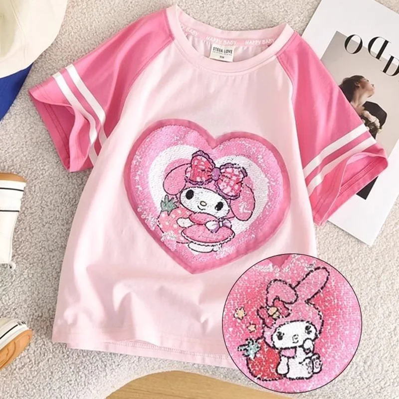 2024 New Sanrio Kuromi Cinnamoroll Kids Cartoon Tshirt Kawaii Anime Sequin Cotton Children Summer Short Sleeve Toys Girl Gifts