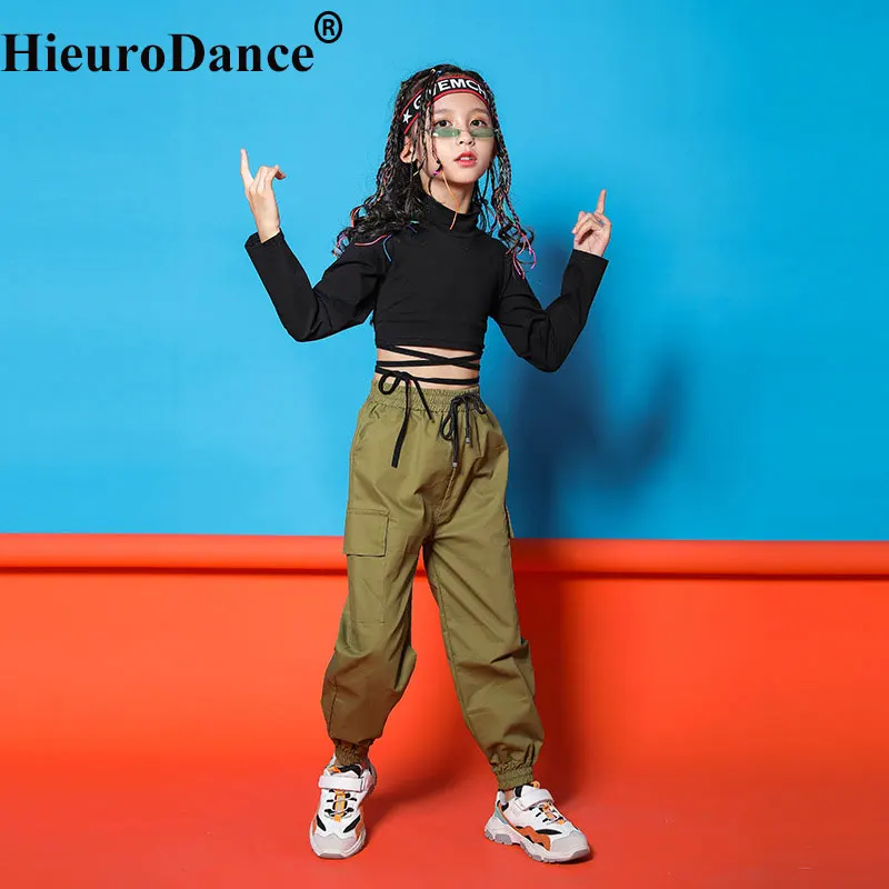 Abbigliamento Hip Hop per bambini Completo Costumi di danza per ragazza Camicia corta verde militare Top Pantaloni da jogging Jazz Ballo da sala Abbigliamento da strada