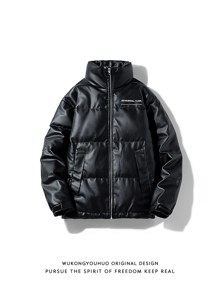 

Мужская зимняя куртка-пуховик с воротником-стойкой, утепленная, в стиле хип-хоп, с наполнителем 90% пуха, с принтом-надписью, из искусственной кожи