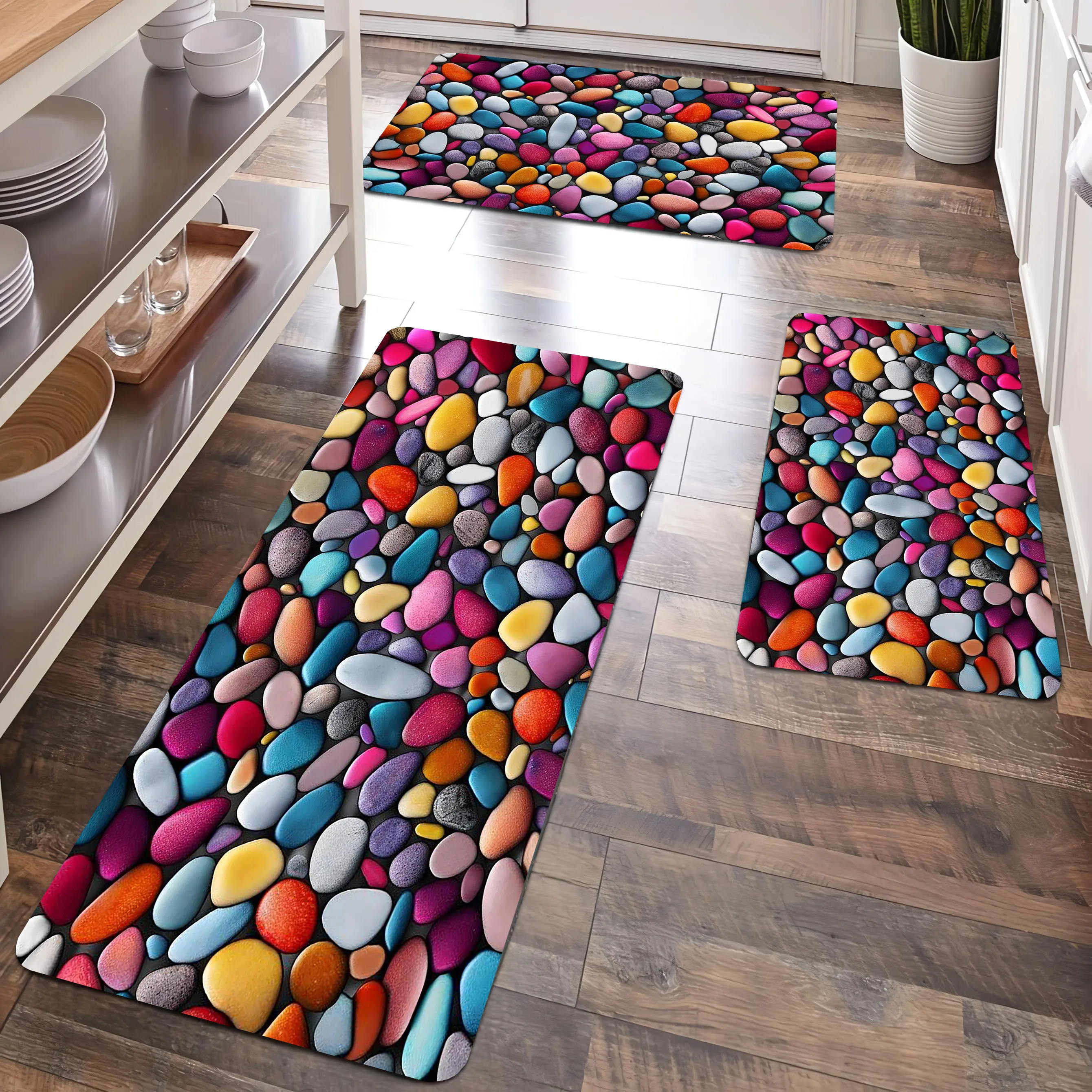 

Colorful Cobblestones Design Kitchen Carpets Bathroom Mats Non-silp Flannel Doormats for Home Decorations Accessories Floor Pads