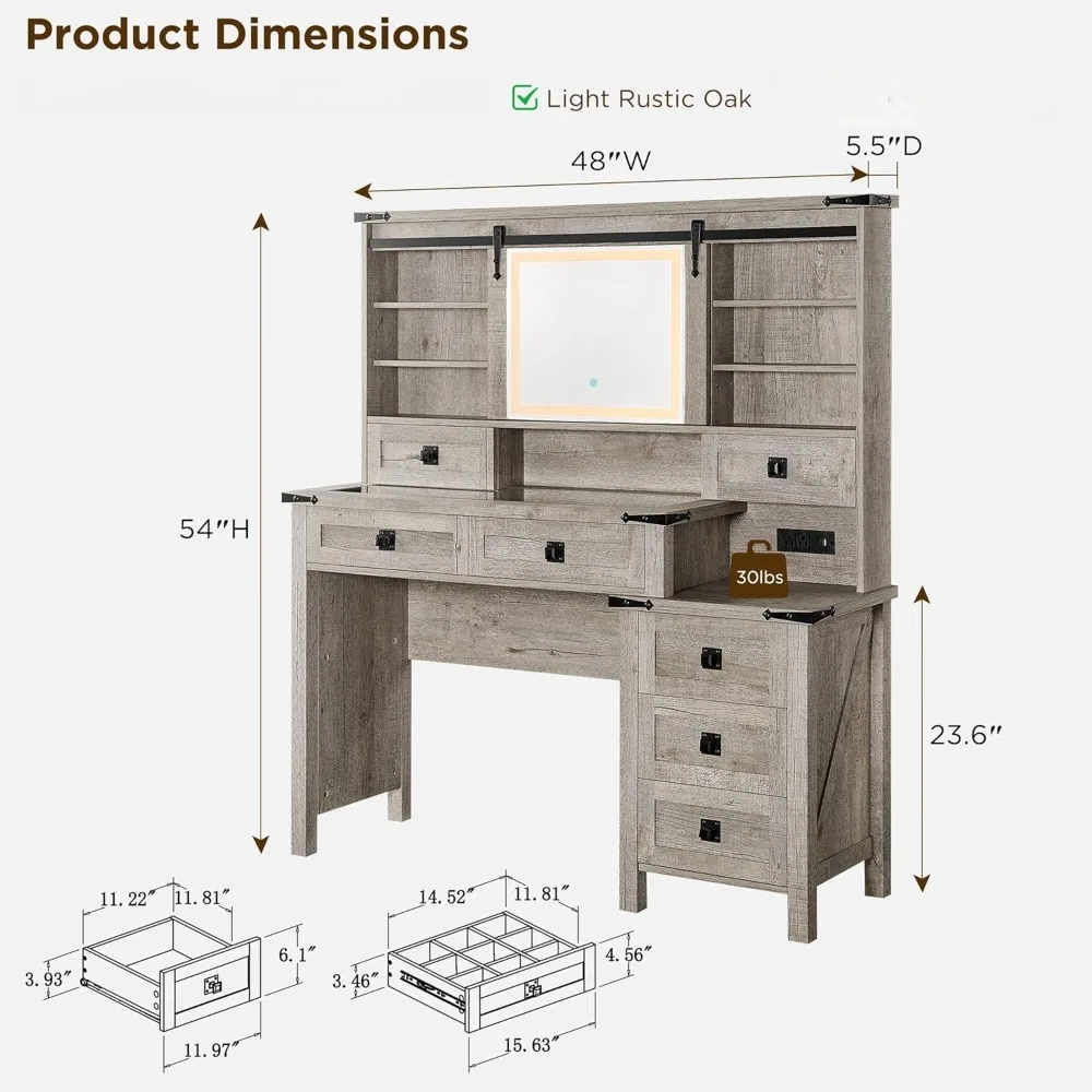 مكتب مكياج للمزرعة مقاس 48 بوصة مع مرآة LED، طاولة تزيين حديثة، 7 أدراج، محطة شحن، سطح زجاجي لغرفة النوم #2