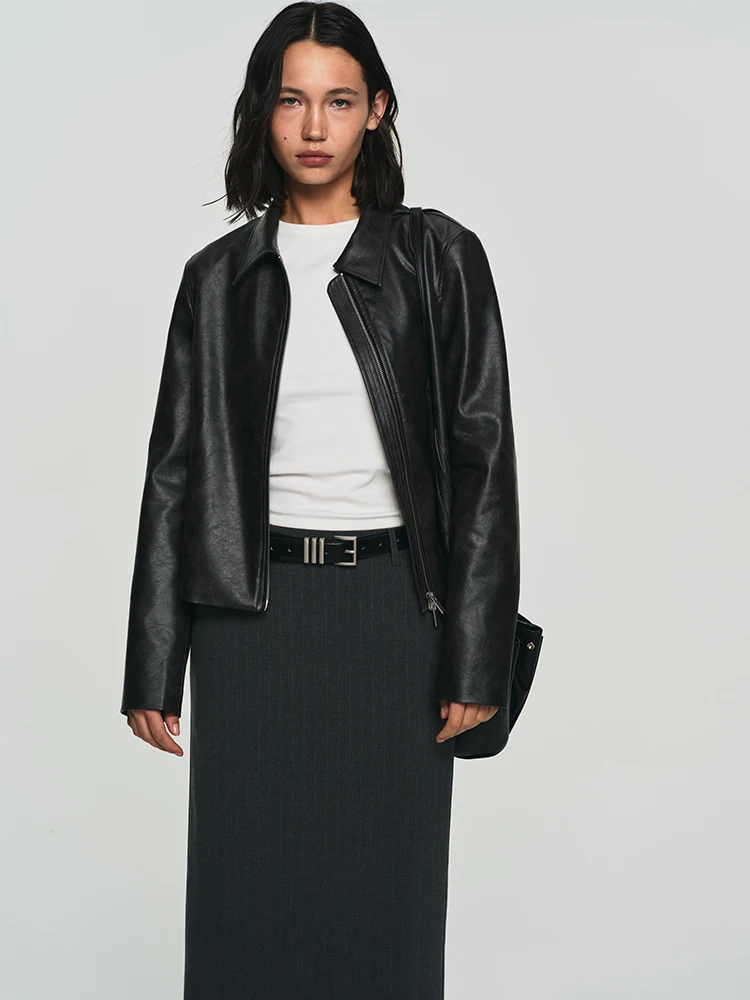 Goffrid Giacca Retro in Pelle PU con Doppia Cerniera, Abbigliamento Esterno da Donna, Eco-friendly, Nuovo Stile Primavera Autunno