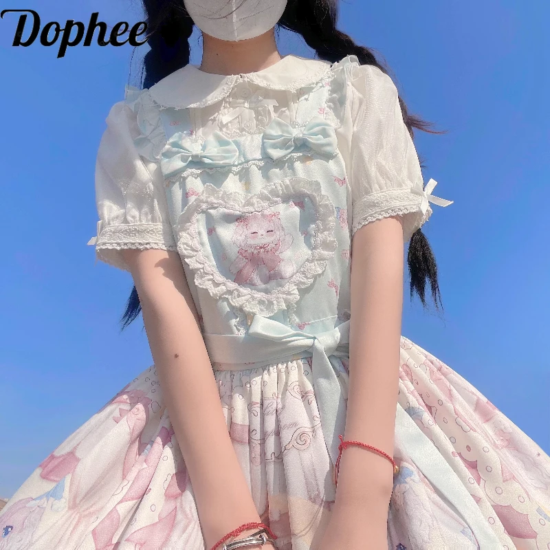 Dophee Original Sprung Summer Short Sleeve Shirts Cute Lace Peter Pan Collar Basic Top Elegant Lolita Princess Casual Blouses