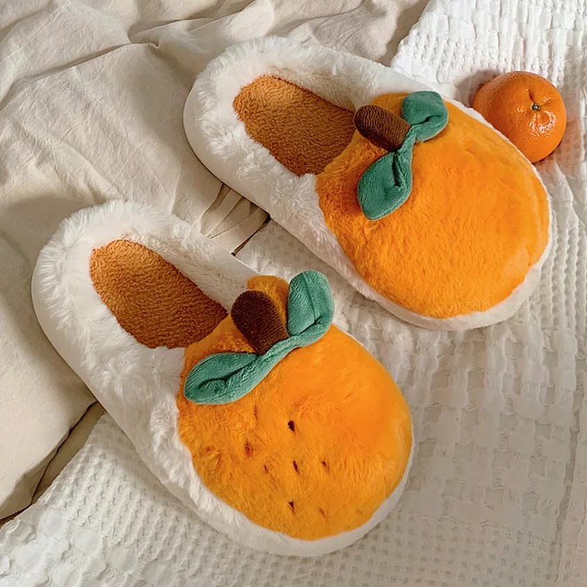 

Funny Cute Orange Cotton Slippers for Women Winter Bedrooms Home Antiskid Thick Soled Warm Women Fur Shoes