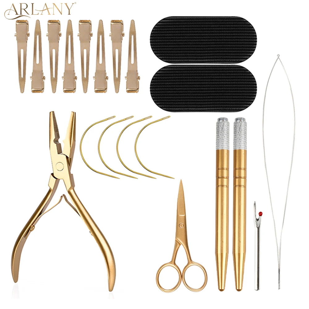 ARLANY Hair Extension Pliers Kit Microlink Pliers for Sewing in Extensions Hair Loop Tool Curved Needle for Weft Extensions