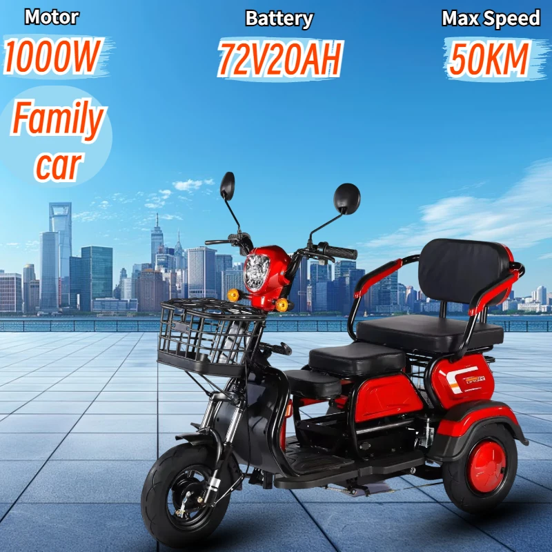 Electric Tricycle 1000W Motor 72V 20AH Parent-Child Outdoor Tricycle With Storage Basket Adult Elderly Mobility Electric Vehicle