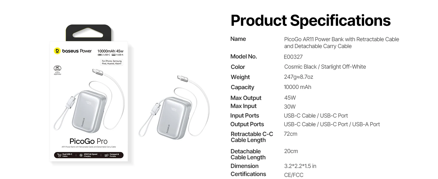 Baseus 45W Powerbank 10000mAh mit integriertem, einziehbarem USB-C-Kabel, abnehmbarem Kabel, Ladegerät 20000mAh für iPhone 18 Duo Pro Max S26 – Detail 17