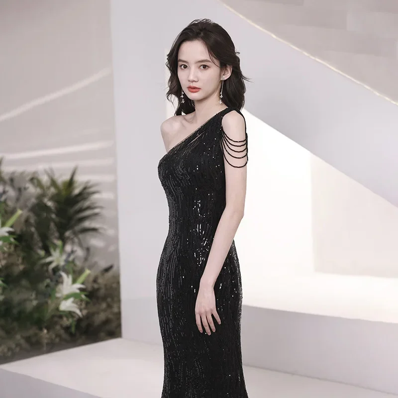 라이트 럭셔리 스팽글 피쉬테일 이브닝 드레스 여성용 원숄더 슬리브리스 태슬 프롬 가운 여름 슬림핏 파티 드레스