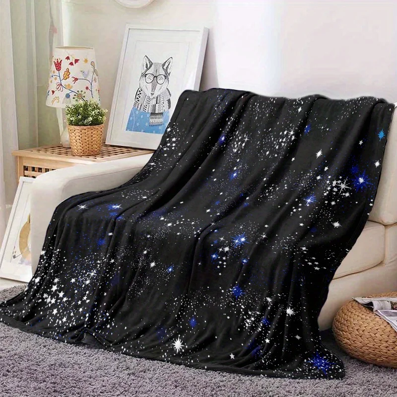 Black Background Blue White Galaxy Starry Sky Full Print Soft Flannel Blanket Cosmic Trend Throw for Sofa Bedroom Home Use