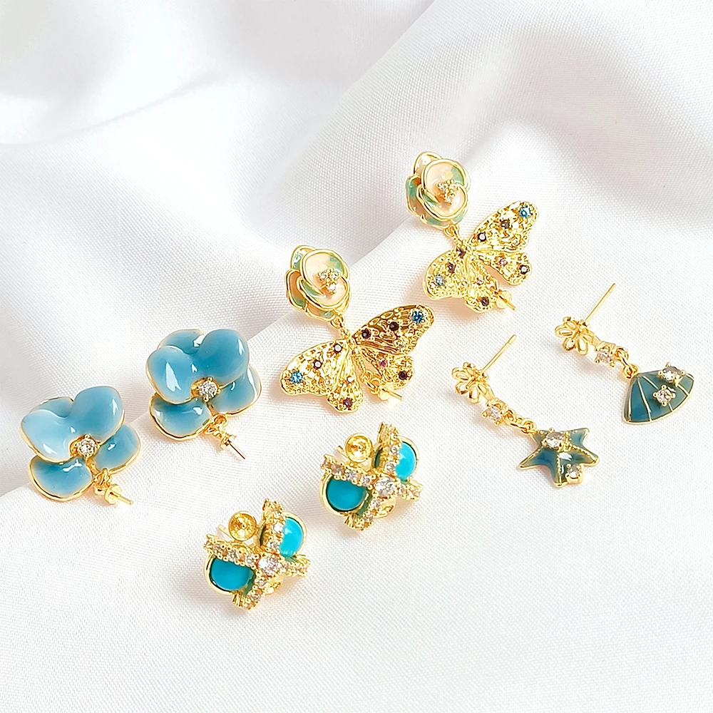 

1 пара латунного покрытия, инкрустированный золотом цирконом, лепестки ракушек, серьги-бабочки, изготовление ювелирных изделий своими руками, полуфабрикат, аксессуары