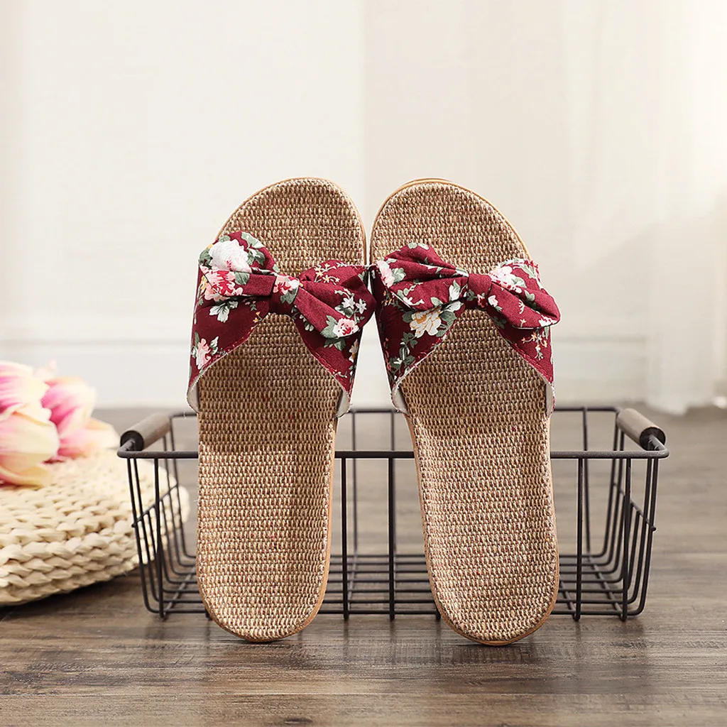 2023 Women Slippers Flip Flops Female Bowknot Sweet Shoes Flax Beach Linen Slippers Shower Quick Drying Leisure Ladies Slippers