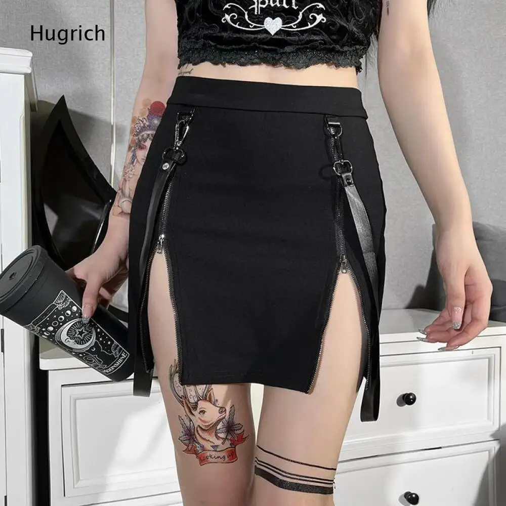 Streetwear High Waist Black Short Skirt Double Vertical Zipper Leather Strap Punk Club Bottoms