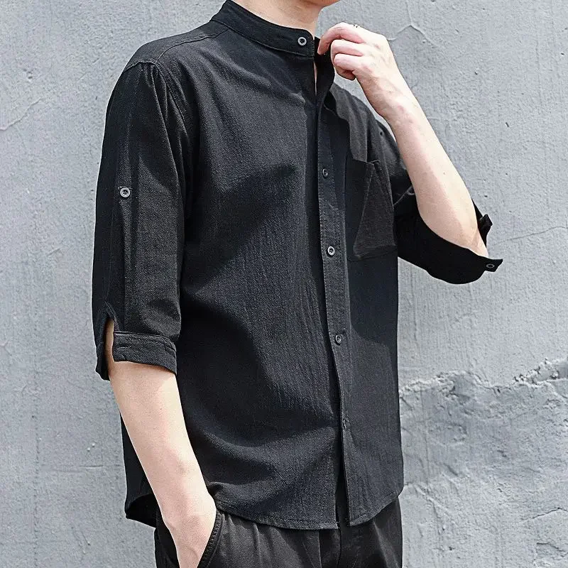 Man Shirt Linen and Cotton Oversize Shirts for Men Plain Half Sleeve Fashion 2024 Cheap Things with Comfortable Casual Tops I