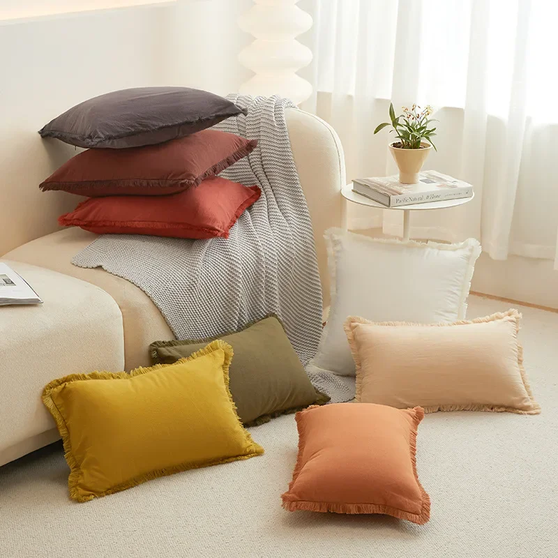 Solid Color Washed Cotton Tassels with Edges, Pillows, Pillows, and Cushion Covers Without Cores