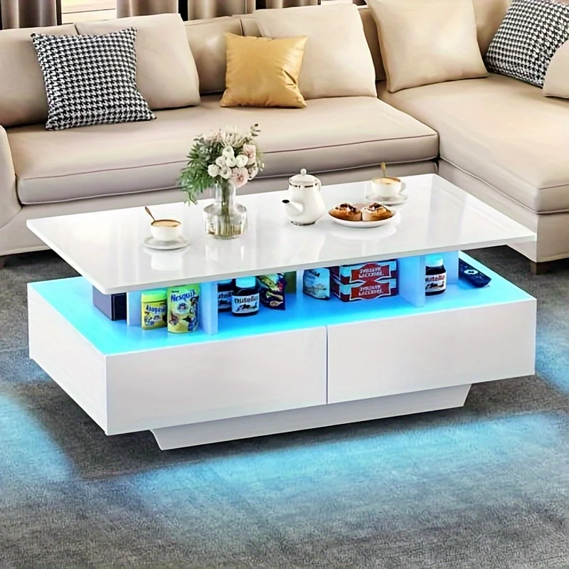 

Modern Minimalist Style Coffee Table With Storage Space Small Central LED Light Strip Open Display Table Living Room White