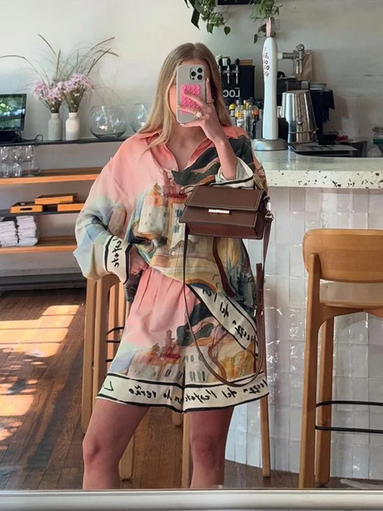 

Casual Printed Women's Shorts Suit Laple Full Sleeve Single Breasted Shirt Elastic Waist Short Pants Female Summer Lady Outfits