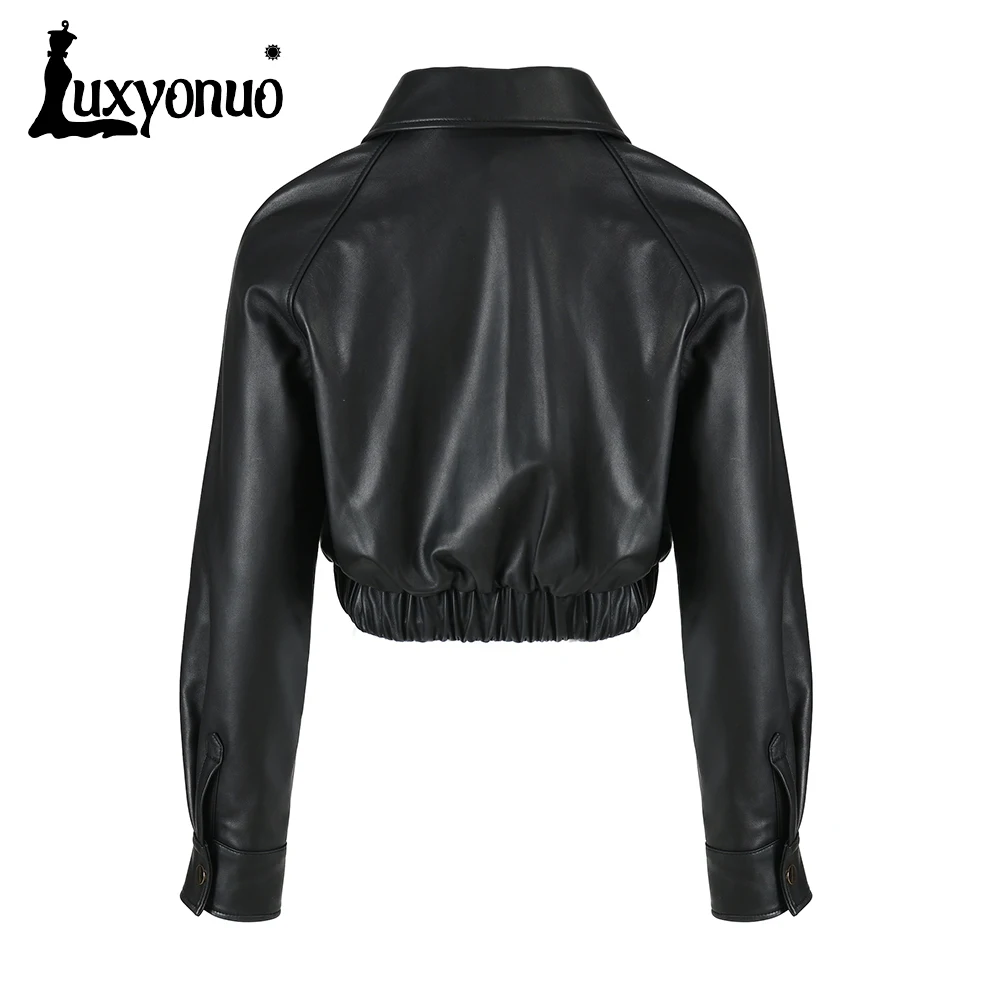 Luxyonuo-Chaqueta de piel de oveja auténtica para mujer, abrigo con cuello vuelto, botón dorado, Moda de Primavera