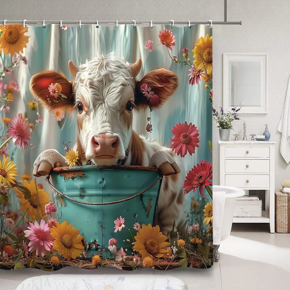 Highland Cow Shower Curtain Rustic Countryside Plant Flower Oil Painting Creative Polyester Fabric Shower Curtain Bathroom Decor