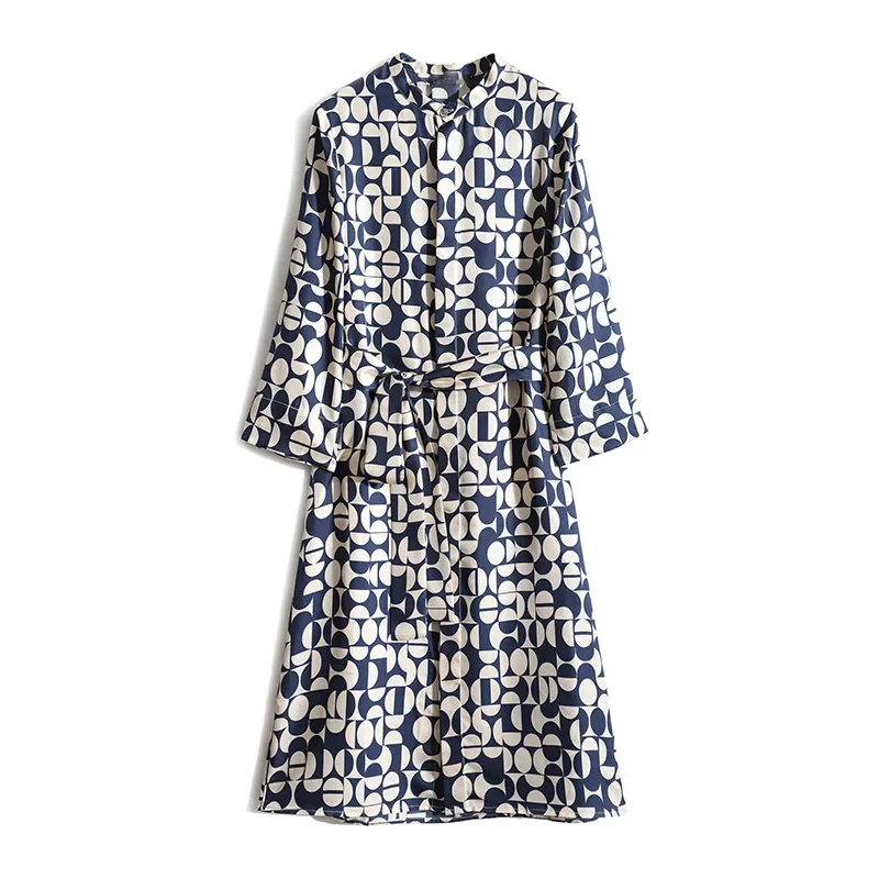 2024 Geometric Print High-fashion Sense 100% Mulberry Silk Dress Silk Temperament Dress Women's Summer Navy Blue Silk Dress