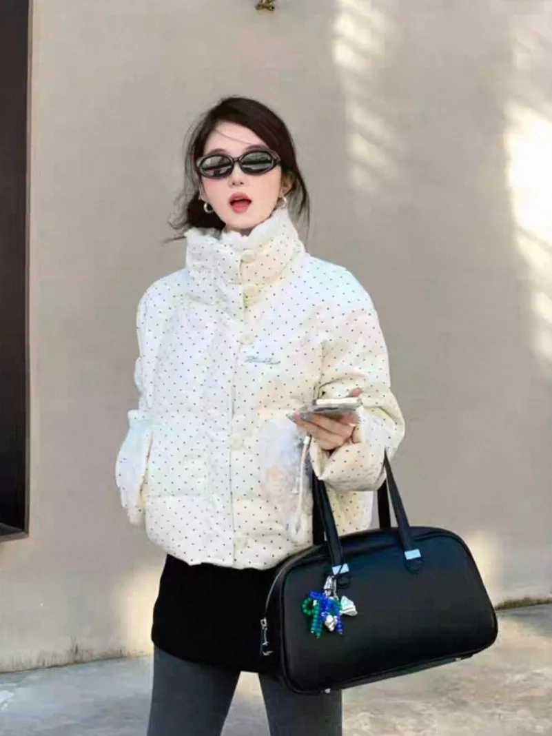 

Korean Sweet Wave Dot Fur Trim down Cotton Jaet Women's Autumn Winter Loose Thi Warm ort Bread Sle Coat Zipper Closure