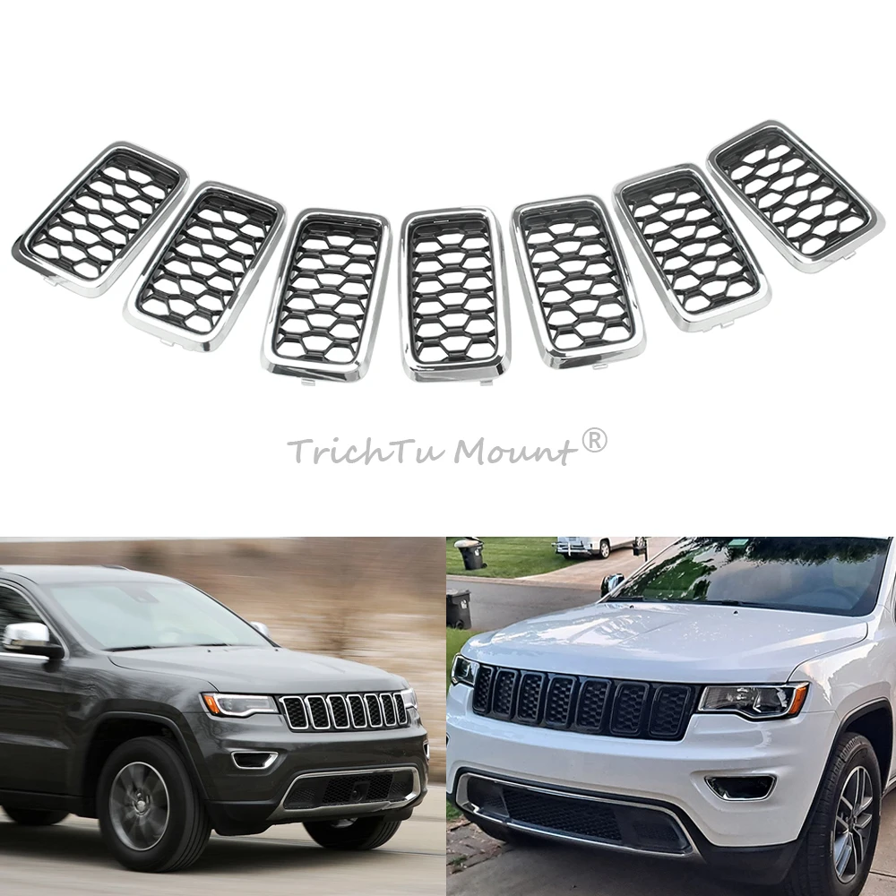 7Pieces Front Grille Grill Insert Trim Grille Compatible With Jeep Grand Cherokee 2017-2021 High Quality Abs Plastic Vivid Black