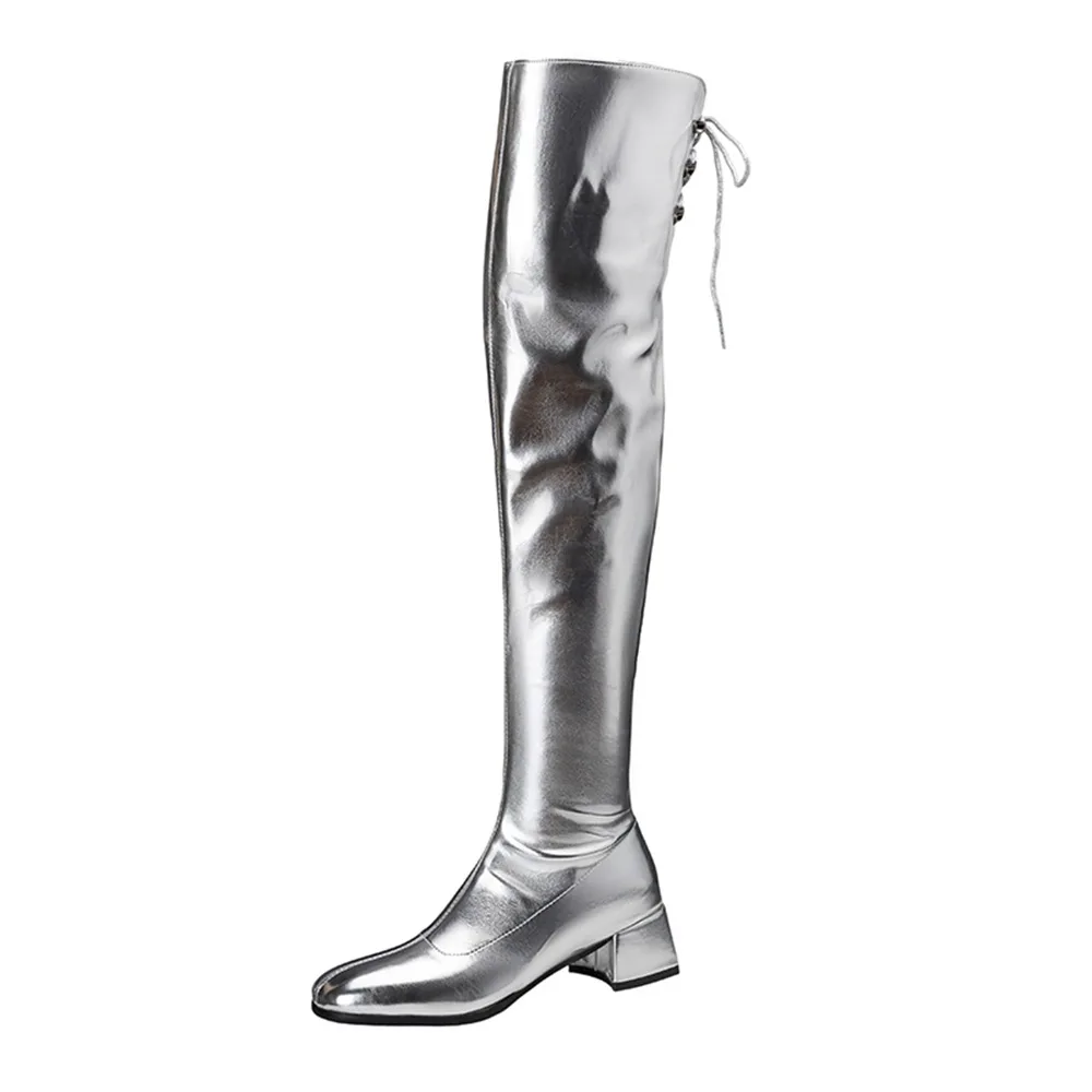 Women Metallic Over The Knee Boots Back Lace Up Side Zipper Low Block Heel Fleece Lined Thigh High Fashion Boots EU 32-46 168-34