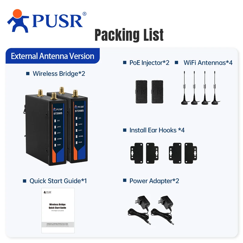 PUSR 산업용 2.4GHz 포인트 투 포인트 500m 무선 브리지 PLC용 퀄컴 플러그 앤 플레이 2팩 외부 안테나 버전 ST208S