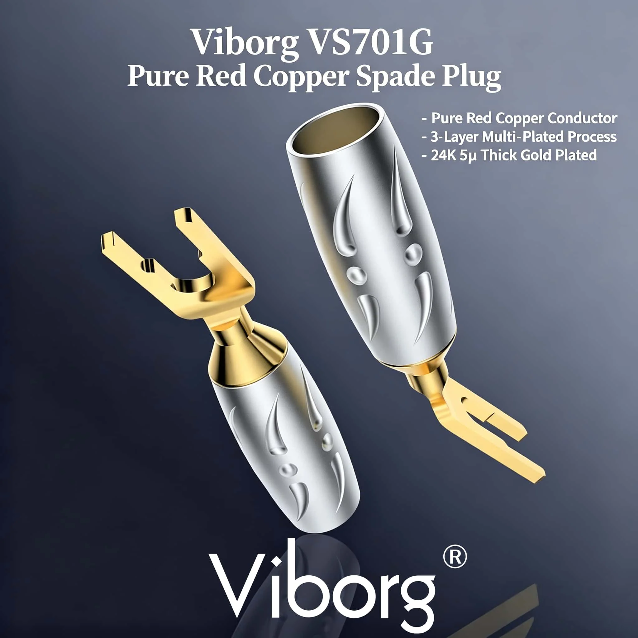 

Viborg VS701G 99.998% Pure Copper 24 Gold-Plated Spade Fork Speaker Banana Terminal Cable Plug Y-Shape Connector for Hi-Fi