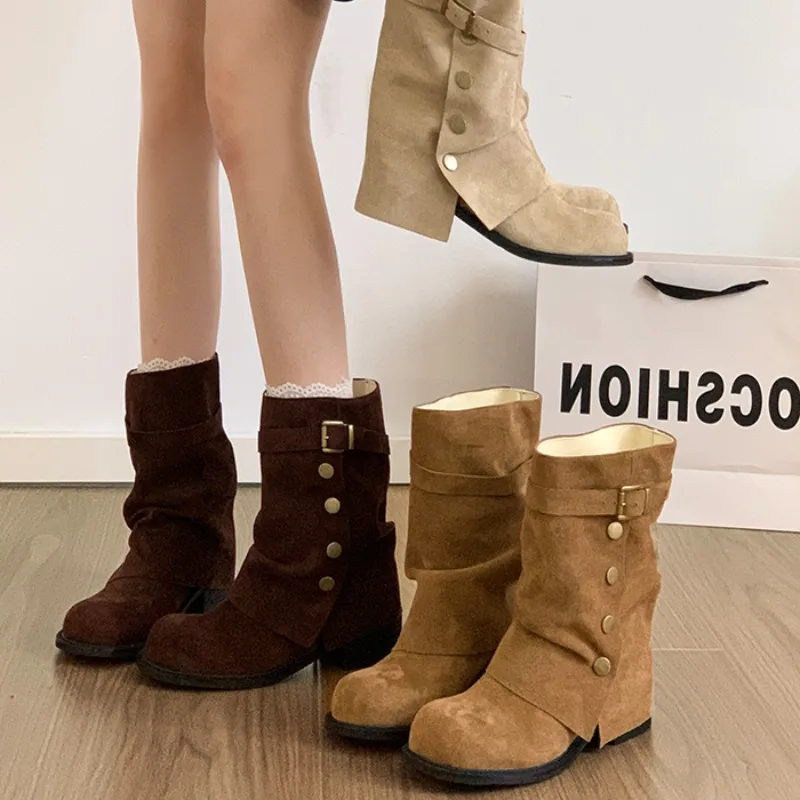 

New Winter Design Belt Buckle Women Mordern Pipe Boots Fashion Slip On Thick Heel Shoes Ladies Banquet Party Mid Calf Booties