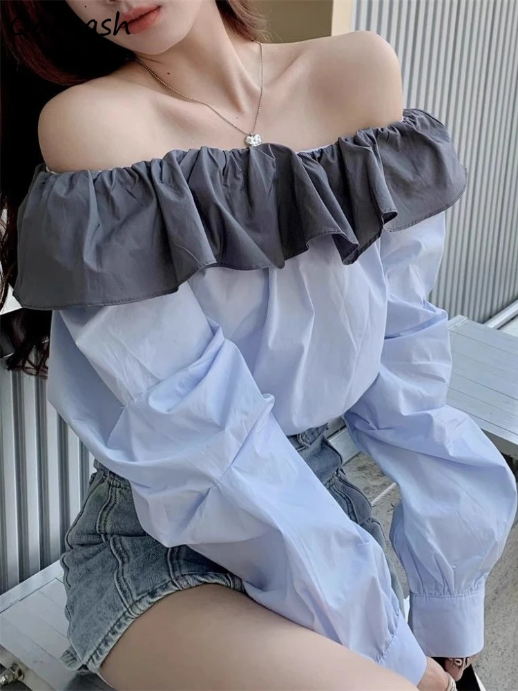 

Ruffles Shirts Women Patchwork Off Shoulder Spring Temper Elegant Korean Style All-match Design Streetwear Fashion Ladies New