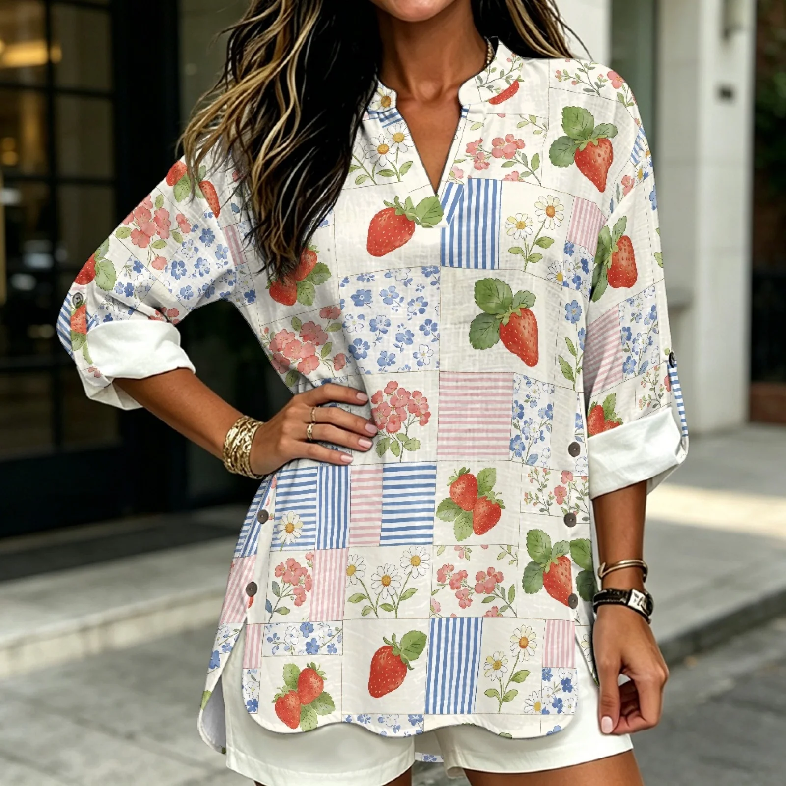 PENSTROLL Strawberry Floral Patchwork Print Linen Like Loose Fit Blouses V Neck Blouses for Women Notch V Neck Blouses
