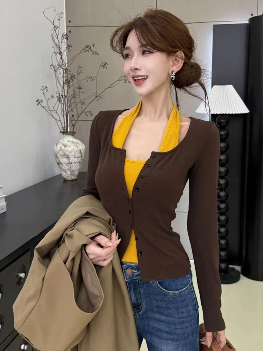

Faionable Color Blo Ne Hanging Cardigan Long Sve Slim Fit T-irt Fake Two-Piece Top for Women Autumn 2025 Commute S...