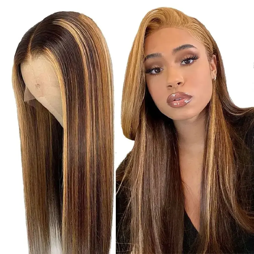 

4x4 Honey Blonde Highlight Wig Bone Straight Brazilian Human Hair Virgin Glueless Ombre Piano Color Lace Wigs HD Lace Front Wig