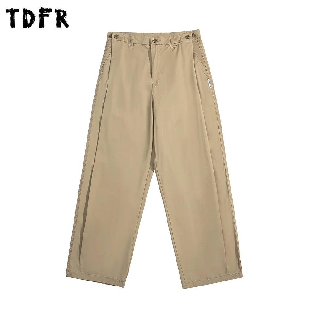 Simple Solid Color Cargo Pants Mens Amekaji Button Decoration Casual Loose Wide Leg Trousers Pants Men