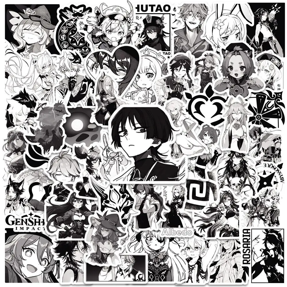 10/50pcs Anime Black and White Genshin Impact Game Stickers Vinyl Decals DIY Scrapbooking Luggage Laptop Car Decoration Sticker