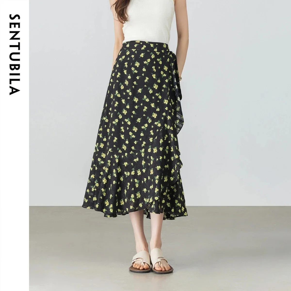 SENTUBILA Women Floral Print Skirt Ruffled Lace-up A-line Lightweight Loose Midi Dress 2026 Summer Elegant Daily Wear 162QJ6831