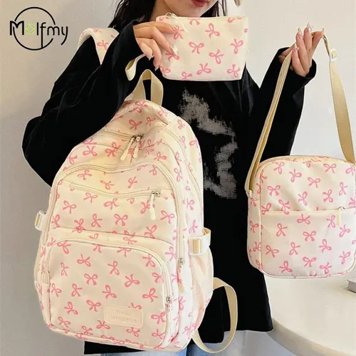 Imagen 2 del producto 3 unids/set mochila bonita de gran capacidad con estampado de lazo mochilas escolares de nailon impermeable correa ajustable mochila de viaje para cuaderno