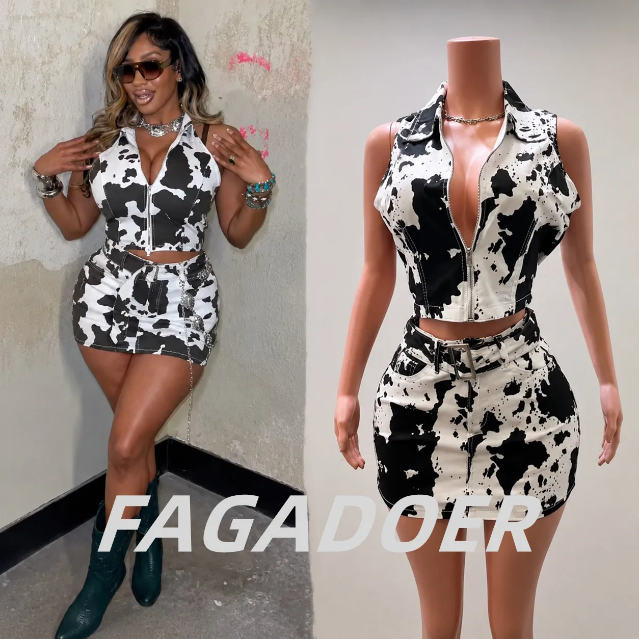FAGADOER Fashion Cow Denim Streetwear Two Piece Outfits Woman Zipper Sleeveless Crop Top + Skirt Female Tie-dye Patchwork Sets