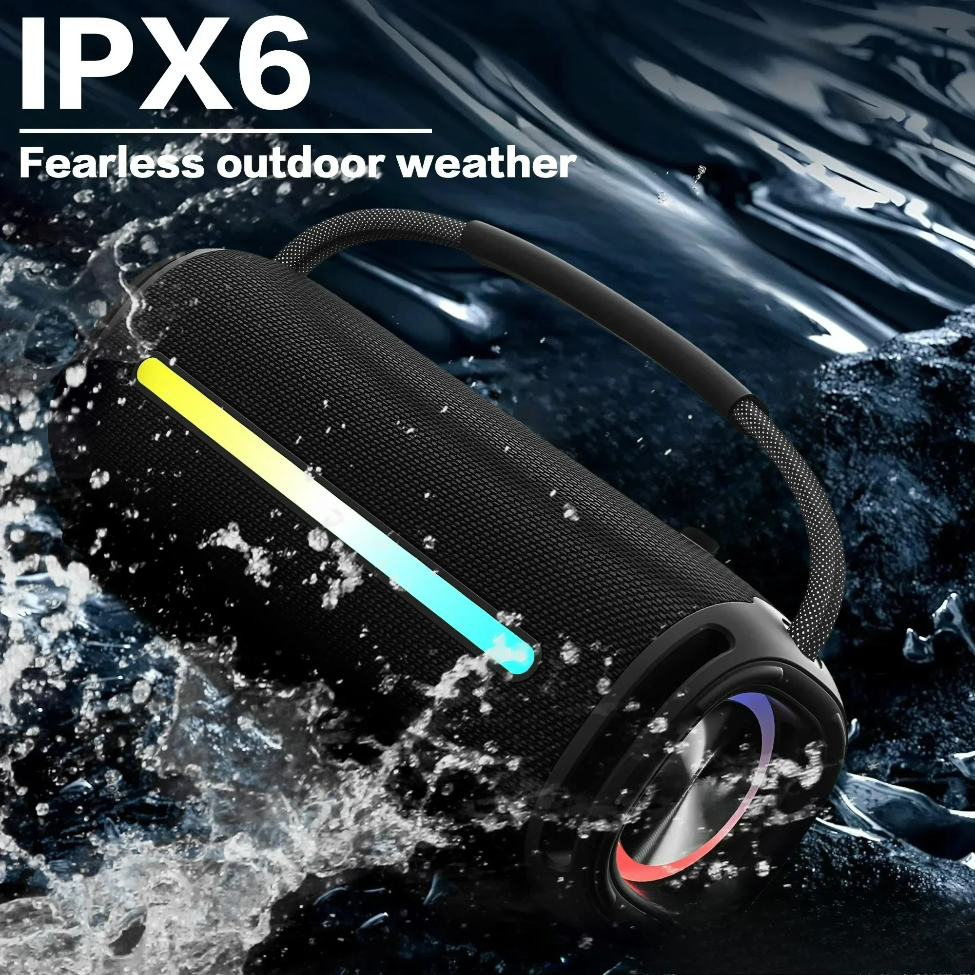 

Портативный беспроводной динамик Bluetooth 5.3, RGB фонарь, IPX6, водонепроницаемый мощный сабвуфер, высококачественный аудио уличный динамик