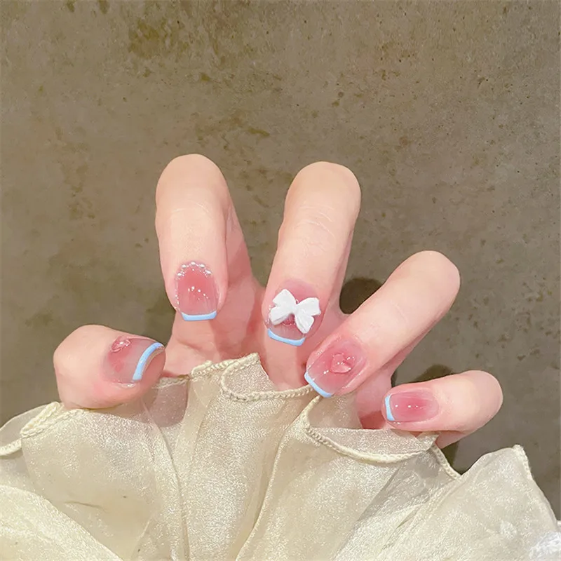 

Gentle Ice Penetrating Heart Pearl Powder Blusher Nail Enhancement Short Blue French Butterfly Wearable Women Nail Enhancement