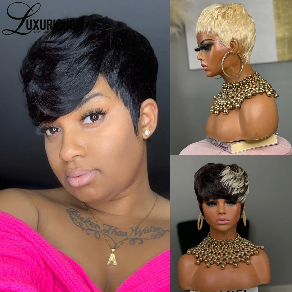 

Парик из натуральных волос Platinum 613 Blonde Pixie Cut, прямой короткий парик-каре с челкой, цвет шампань-золото, полностью машинной работы.