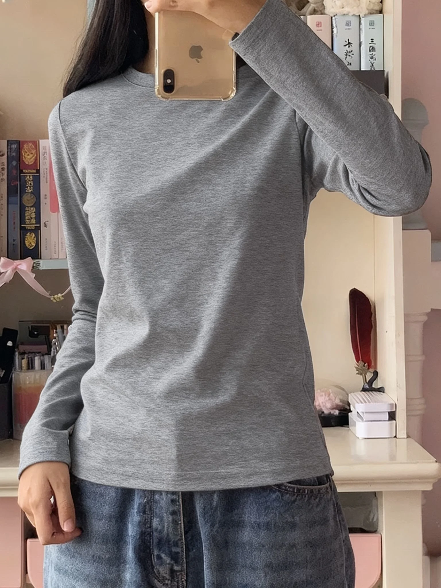 Women's round Neck Long Sleeve T-Shirt 95 Cotton Base Shirt plus Size Slim Fit Inner Wear Shoulder Width Pure Color Top