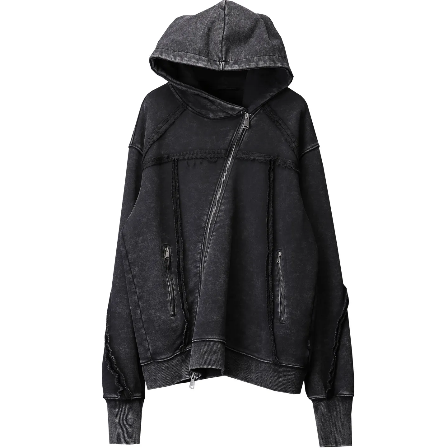 Wasteland Style Oblique Zipper Sweater Men's  Loose Mouth Stitching Deconstruction Distressed Dirty Wash Techwear Hooded Coat