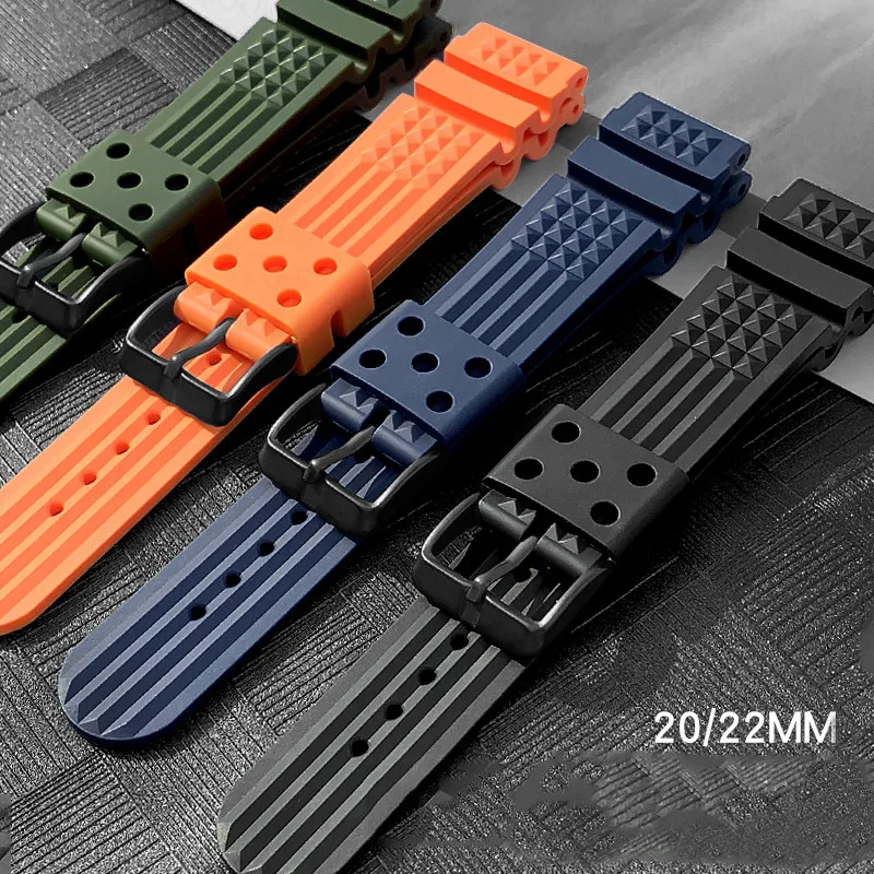 20mm 22mm Waffle Rubber Strap Belt Stainless Steel Buckle Men Sport Waterproof TPU Replace Watch Band for Seiko for Citizen Blue