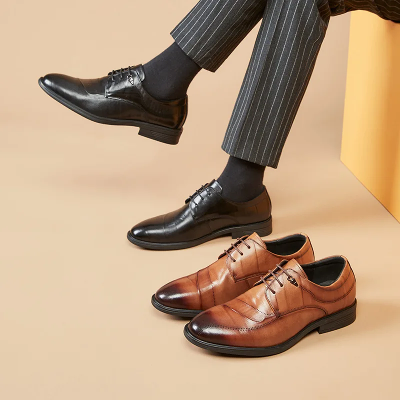 

First Layer Cowhide New British Style Genuine Pointed Soft Sole Business Formal Men's Leather Casual Breathable Wedding Men Flat