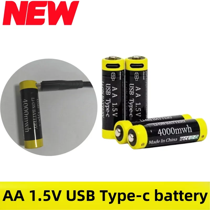 1.5V AA Battery 4000mWh Rechargeable Li-ion Battery for Mouse Remote Control Small Fan Electric Toy Batteries USB Type-C Cable