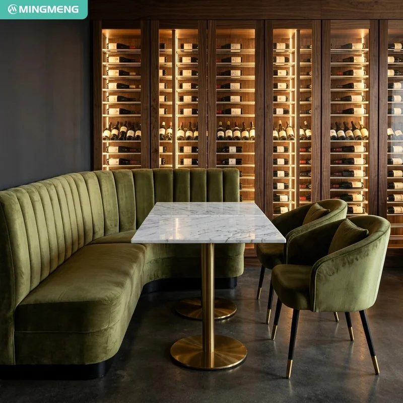 Modern Fine Dining Restaurant Furniture Velvet Curved Corner Booth Marble Dining Table Upholstered Arm Chairs