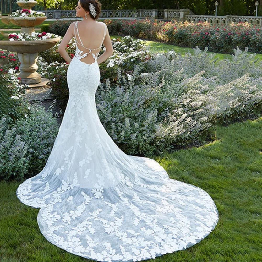 Mermaid ที่กําหนดเองชุดแต่งงานลูกไม้ V คอชุดเจ้าสาวสปาเก็ตตี้สายรัด Backless ชุดเจ้าสาว Applique Vestidos De Novia