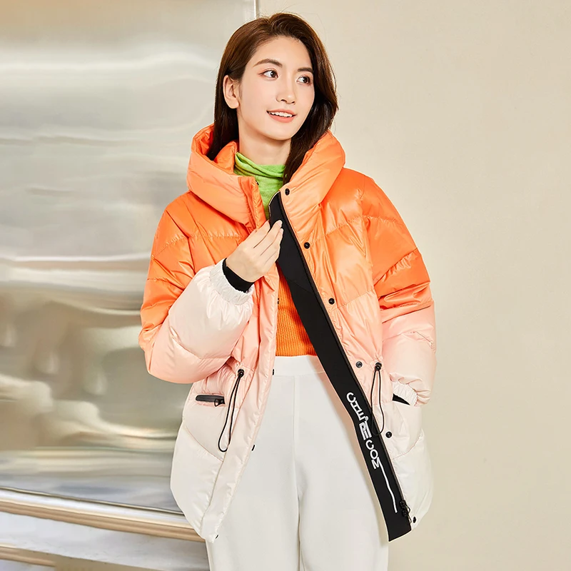 Chericom 겨울 다운 재킷 그라데이션 대비 블랙 지퍼 스트랩 후드 퀼트 디자인 두꺼운 여성용 퍼퍼 코트 Y279087Y